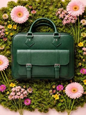 Green Faux Leather Tote with Front Buckle Pocket